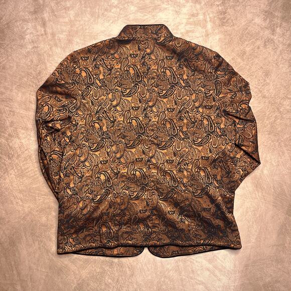 Vintage 90s Studio Works Metallic Paisley Jacket Orange Nehru Collar Button Up - Picture 2 of 8